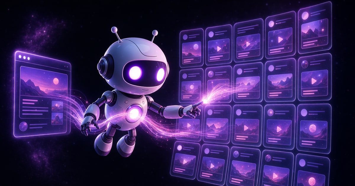 The RobotBoy robot turning a website into a glowing 30-day social media content calendar